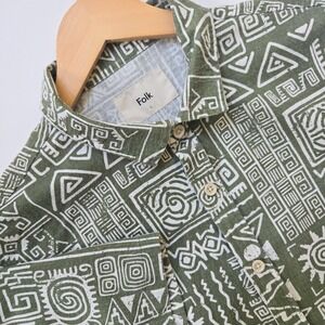 Folk Clothing Shirt Mens Large L Green Aztec Hawaiian Camp Woven Linen‎ Blend